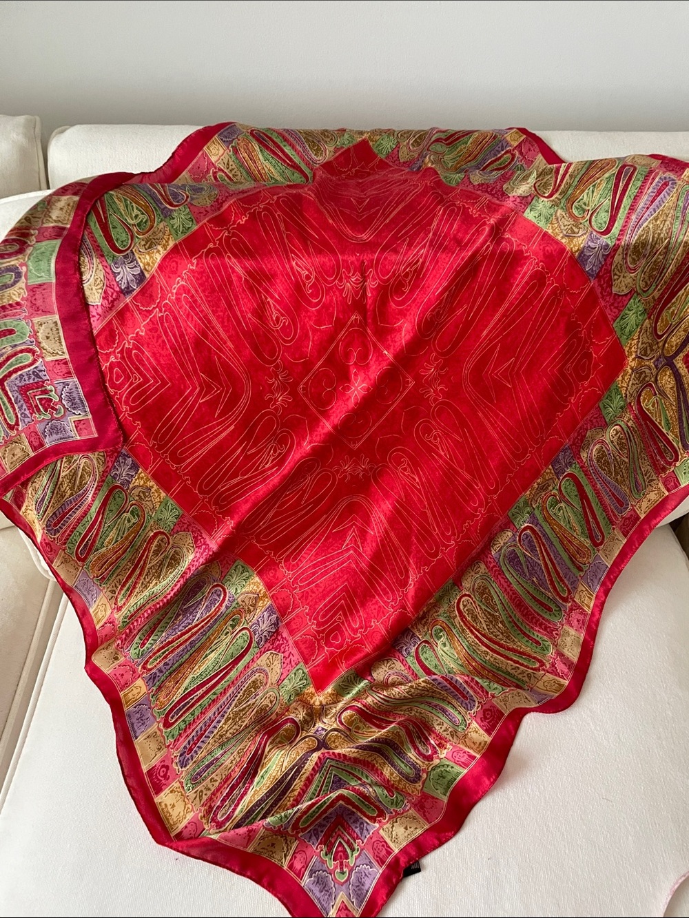 Vibrant Red Paisley Border Silk Scarf